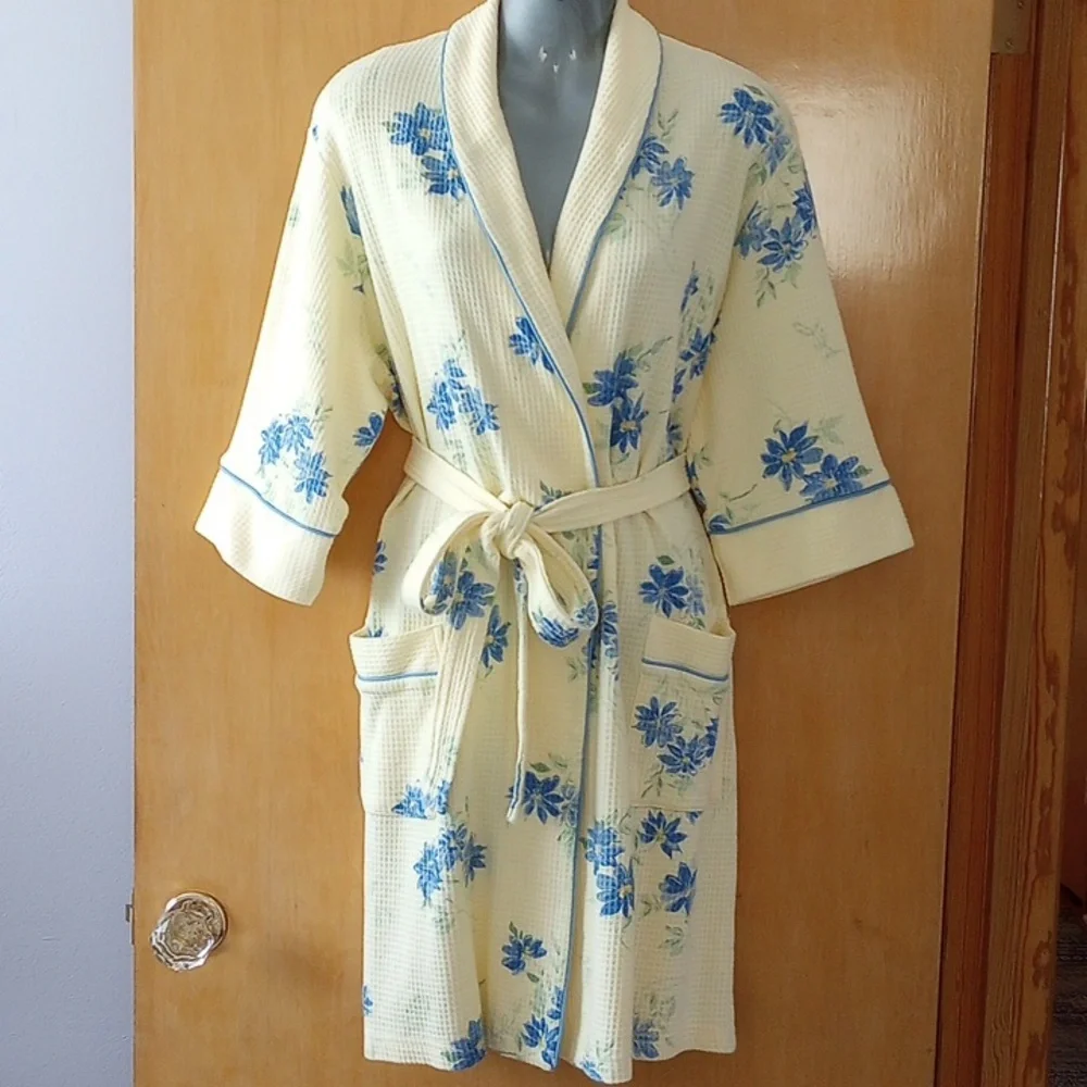 Waffle Weave Bath Robe Yellow and Blue M - Picture 7 of 13
